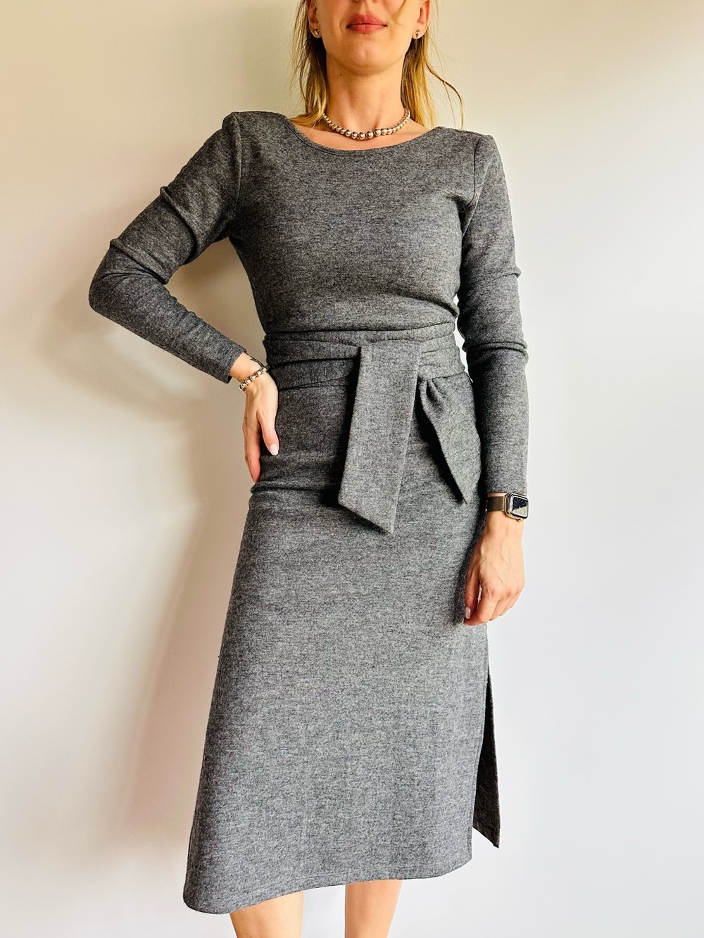 New Maje Paris Wool Blend Knit Midi Dress Tie Waist Long Sleeve French Chic $395